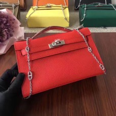 Hermes Mini Kelly 22cm Epsom Bőr Piros Ezüst Láncszíjjal