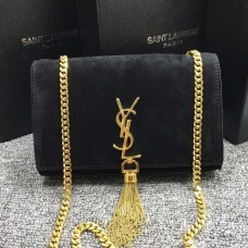 YSL bojtos láncos táska 22 cm-es velúr bőrből, fekete