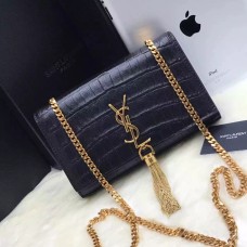 YSL bojtos láncos táska 22cm krokodilbőr fekete arany